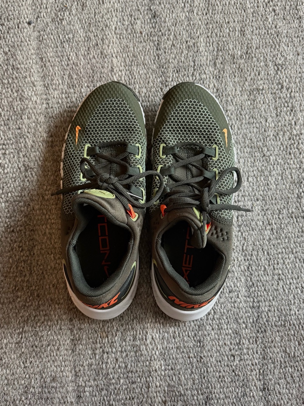 Nike Olive Green Athletic Sneakers with Orange Accents